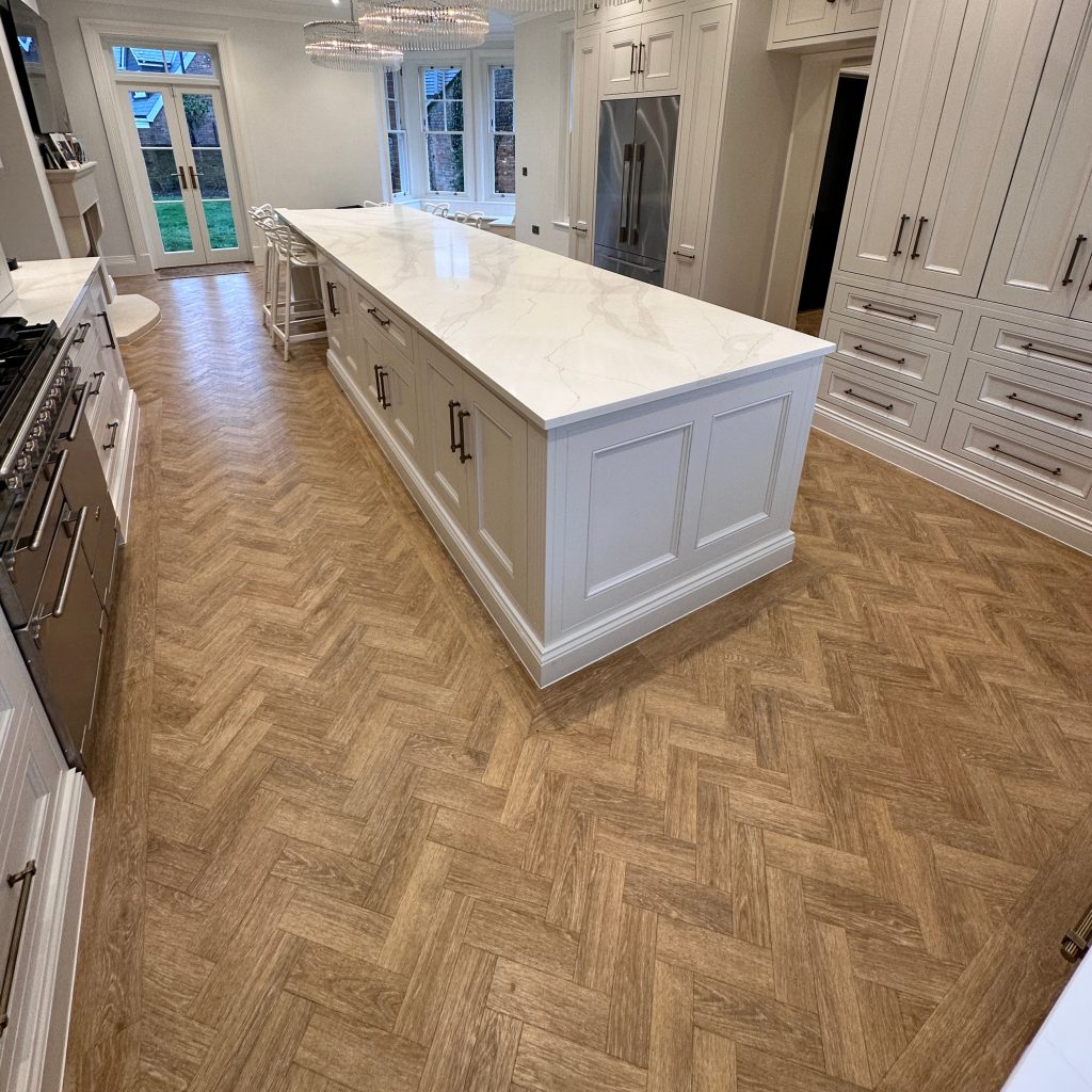 Wood kitchen flooring with island